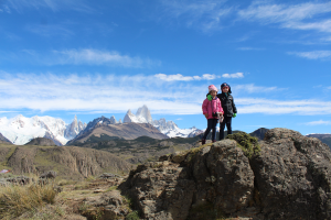 The kids at Mirador Los Condors with Mt. Fitzroy in the background.